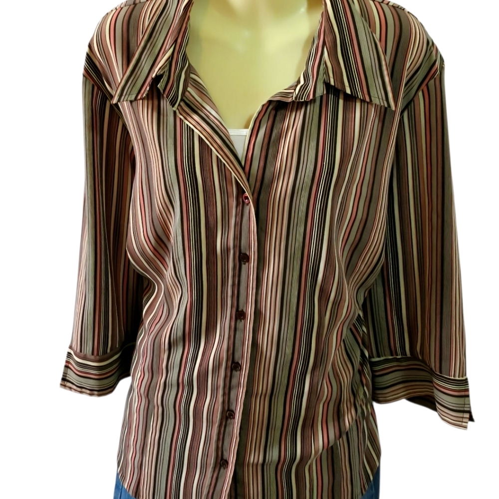 Striped Brown Beige & Pink Button Down Blouse Top